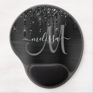 Girly Black Brushed Metal Dripping Glitter Name Gel Mouse Pad
