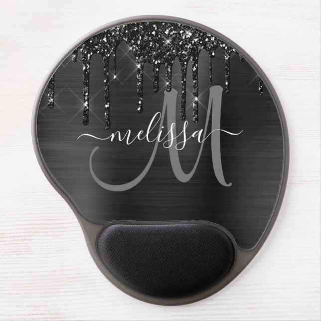 Girly Black Brushed Metal Dripping Glitter Name Gel Mouse Pad (Front)