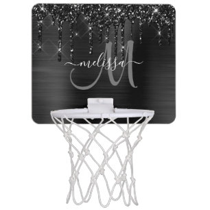 Girly Black Brushed Metal Dripping Glitter Name Mini Basketball Hoop