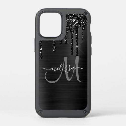 Girly Black Brushed Metal Dripping Glitter Name Speck iPhone 12 Mini Case