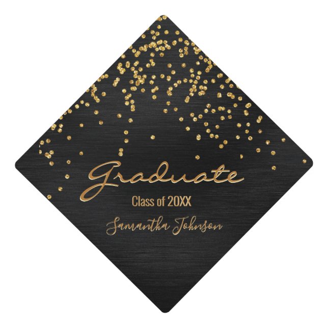 Girly Black Class of 2022 Confetti Sparkle Graduation Cap Topper (Front)