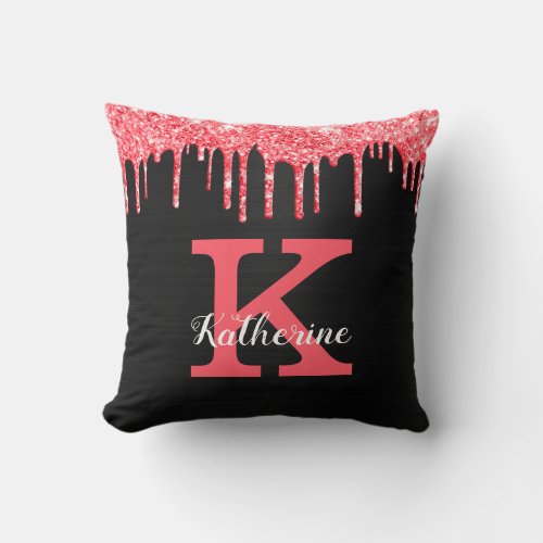 Girly Black Coral Pink Glitter Drips Monogram Name Throw Pillow