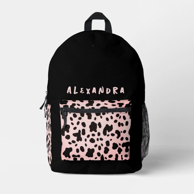 Girly Black Cow Spots Pastel Pink Animal Print Nam Printed Backpack (Front)
