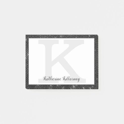 Girly Black Diamond Glitter Glam Monogram Name Post_it Notes