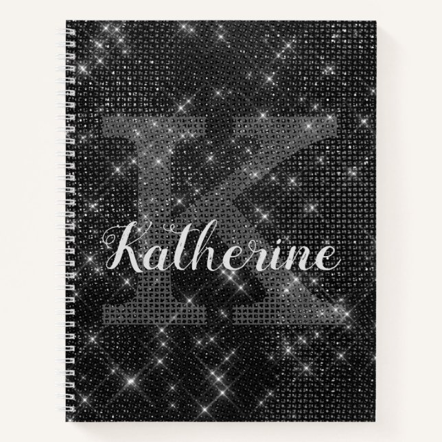 Girly Black Diamond Sparkle Chic Monogram Name Notebook (Front)