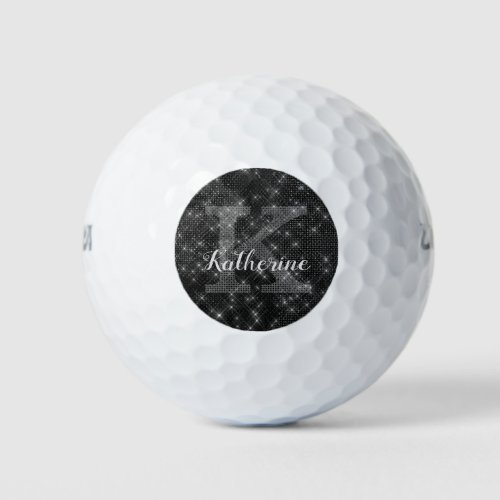 Girly Black Diamond Sparkle Cool Monogram Name Golf Balls