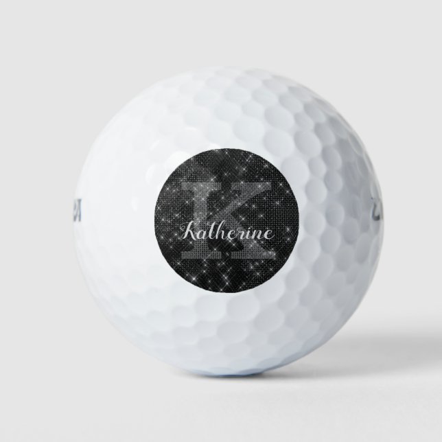 Girly Black Diamond Sparkle Cool Monogram Name Golf Balls (Front)