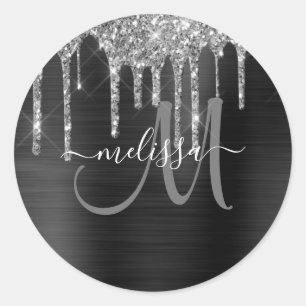 Girly Black Dripping Glitter Brush Metal Monogram Classic Round Sticker