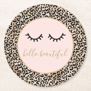 Girly Black Eyelashes Gold Glam Leopard Print Round Paper Coaster