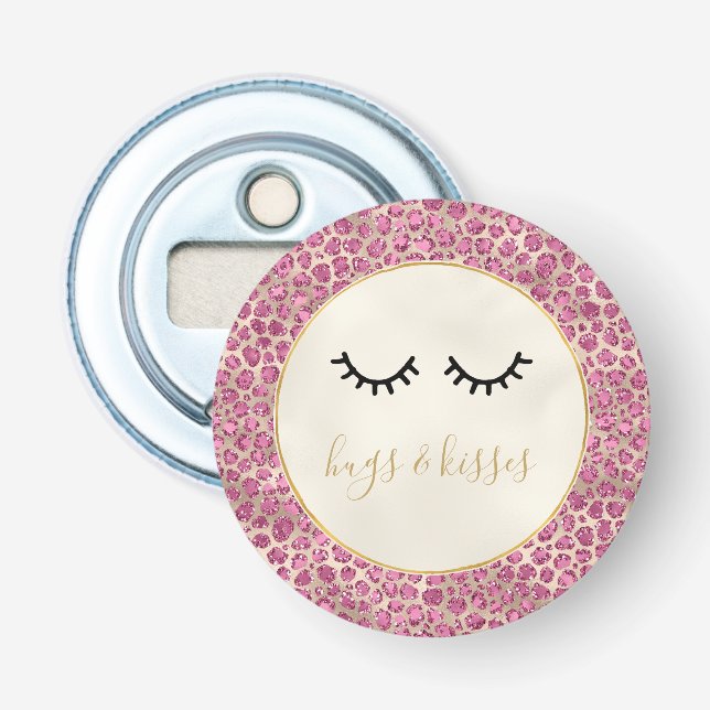 Girly Black Eyelashes Gold Pink Leopard Print Bottle Opener (Front)