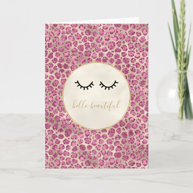 Girly Black Eyelashes Gold Pink Leopard Print Card (Front)