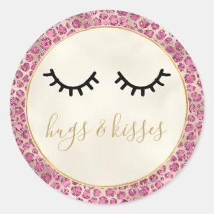 Girly Black Eyelashes Gold Pink Leopard Print Classic Round Sticker