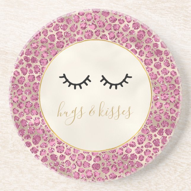 Girly Black Eyelashes Gold Pink Leopard Print Coaster (Front)