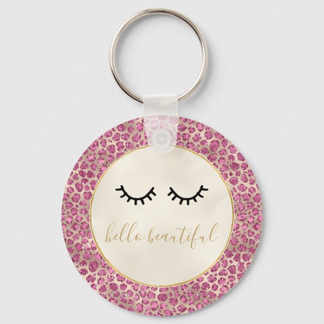 Girly Black Eyelashes Gold Pink Leopard Print Keychain (Front)