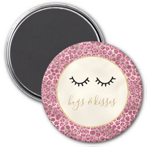 Girly Black Eyelashes Gold Pink Leopard Print Magnet
