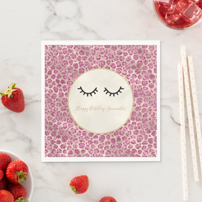Girly Black Eyelashes Gold Pink Leopard Print Napkins (Insitu)