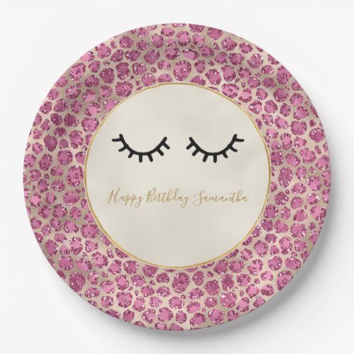 Girly Black Eyelashes Gold Pink Leopard Print Paper Plates