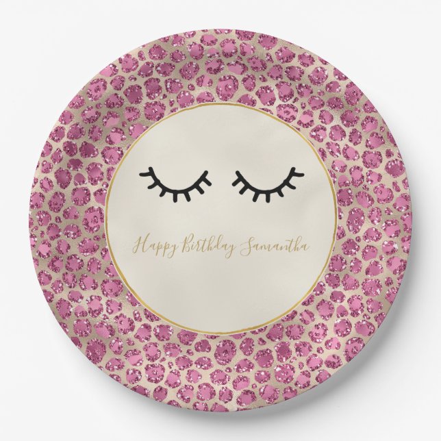 Girly Black Eyelashes Gold Pink Leopard Print Paper Plates (Front)