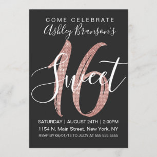Girly Black Faux Rose Gold Sequin Glitter Sweet 16 Invitation