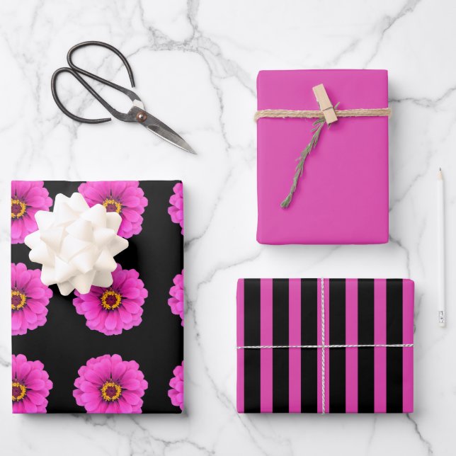 Girly Black Fuchsia Stripes and Flower  Wrapping Paper Sheets (Front)