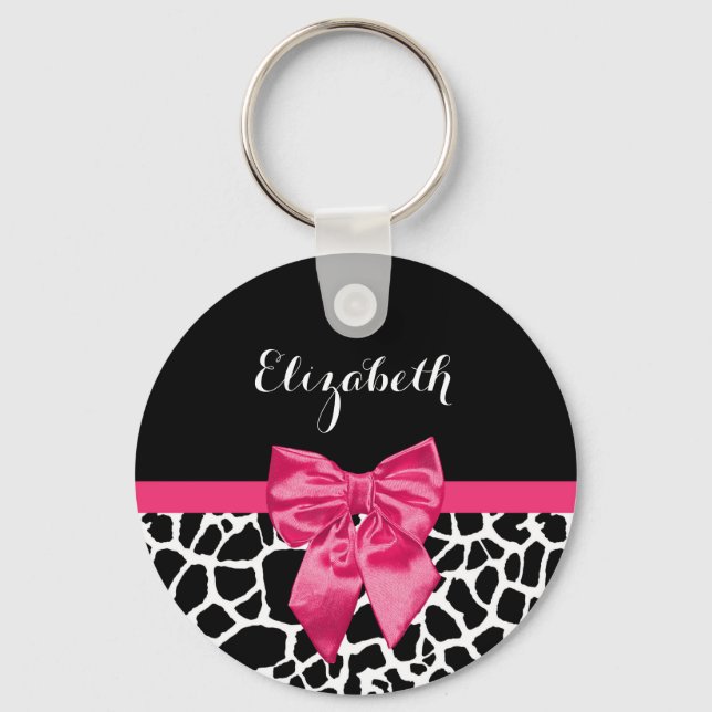 Girly Black Giraffe Animal Print Cute Hot Pink Bow Keychain (Front)