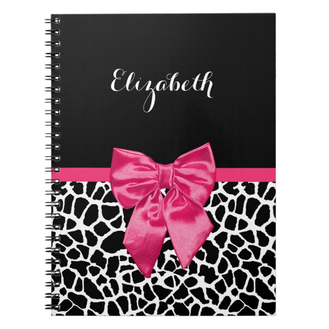 Girly Black Giraffe Animal Print Cute Hot Pink Bow Notebook (Front)