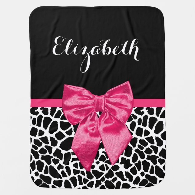 Girly Black Giraffe Animal Print Cute Hot Pink Bow Stroller Blanket (Front)