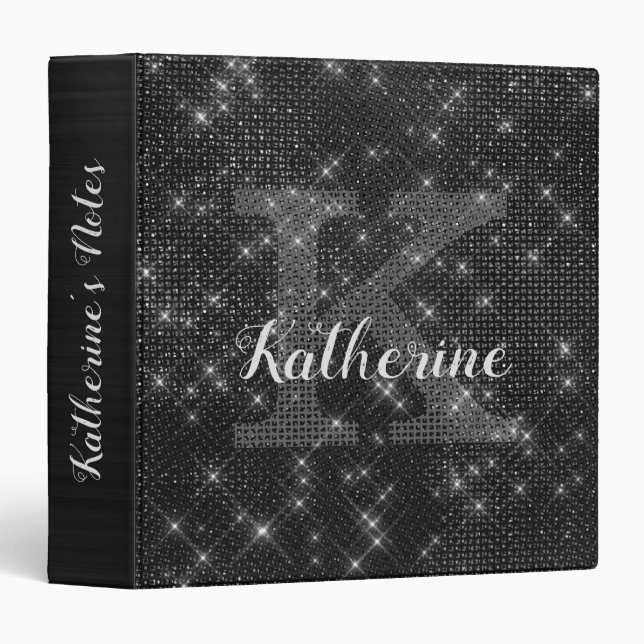 Girly Black Glitter Diamond Glam Monogram Name 3 Ring Binder (Front/Spine)