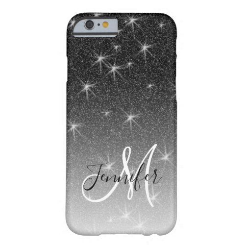 Girly Black Glitter Sparkle White Monogram Name Barely There iPhone 6 Case