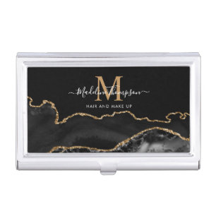 Girly Black Gold Agate Geode Script Monogram Business Card Case
