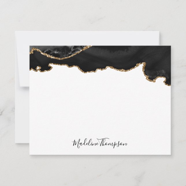Girly Black Gold Agate Geode Script Typography Note Card (Front)