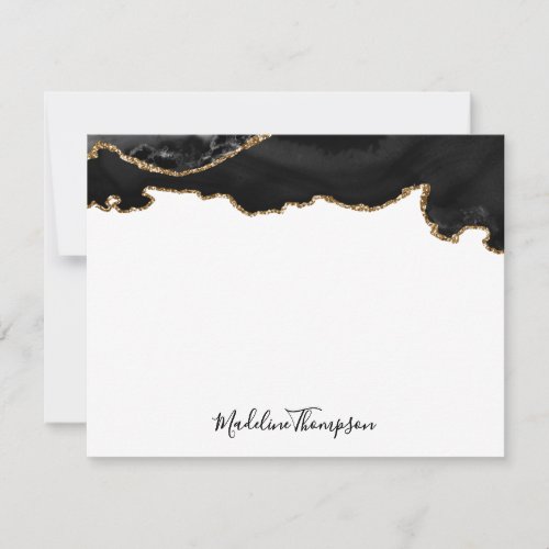 Girly Black Gold Agate Geode Script Typography Note Card