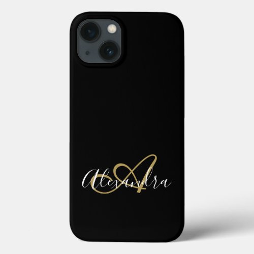Girly Black Gold Elegant Monogram Script Name iPhone 13 Case