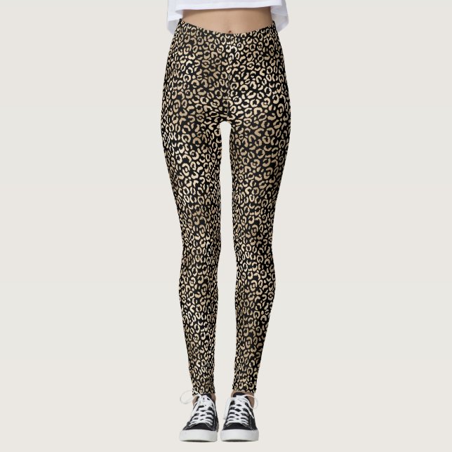 Girly Black Gold Glam Leopard Print Leggings (Front)