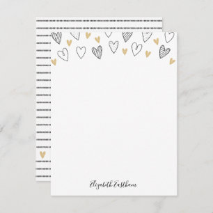 Girly Black Gold Heart Feminine Script Note Card