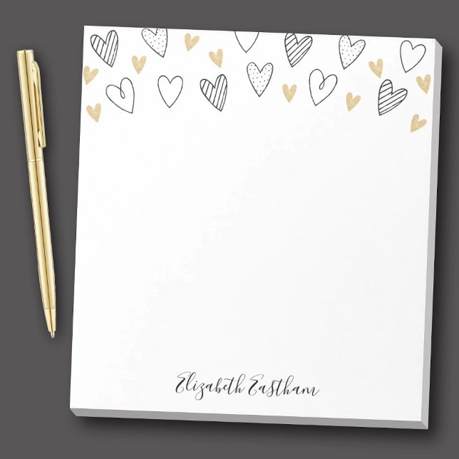 Girly Black Gold Heart Feminine Script Notepad (An elegant black and gold hearts notepad with script personalization.)