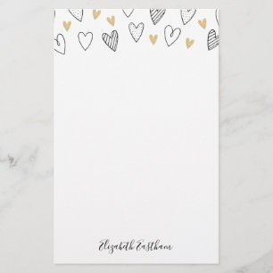 Girly Black Gold Heart Feminine Script Stationery