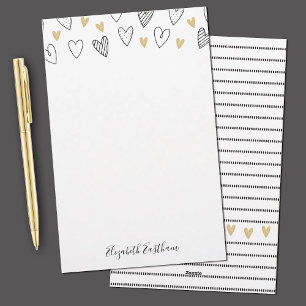 Girly Black Gold Heart Feminine Script Stationery