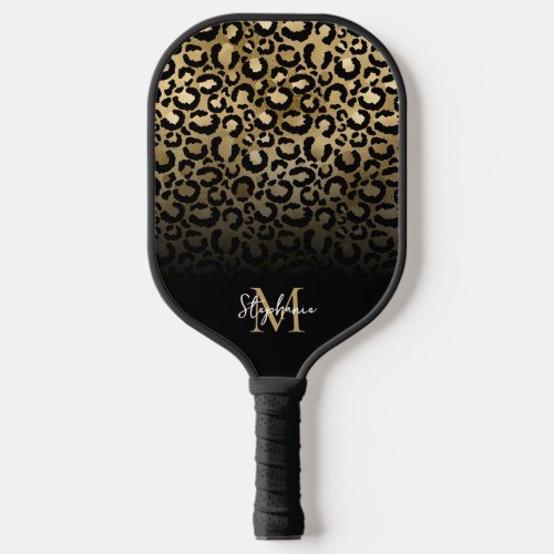 Girly Black Gold Leopard Ombre Monogram Pickleball Paddle