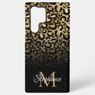 Girly Black Gold Leopard Ombre Monogram Samsung Galaxy S22 Ultra Case