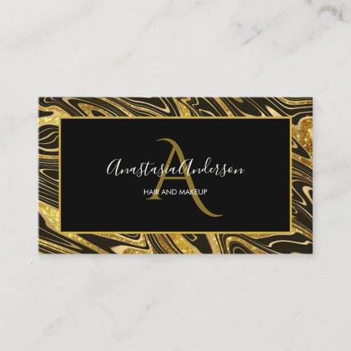 Girly Black Gold Marble Glitter Chic Glam Monogram Business Card