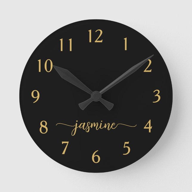 Girly Black Gold Minimalist Monogram Script Round Clock (Front)