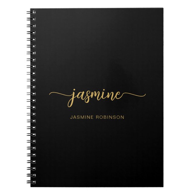Girly Black Gold Modern Script Monogram Name Notebook (Front)
