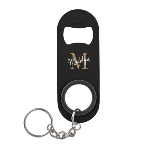 Girly Black Gold Monogram Elegant Chic Script Name Keychain Bottle Opener