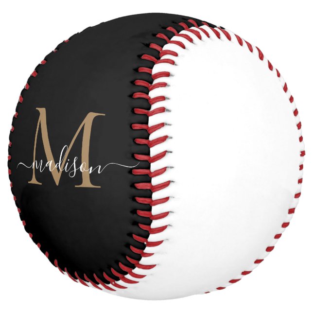 Girly Black Gold Monogram Elegant Modern Script Softball (Angled)