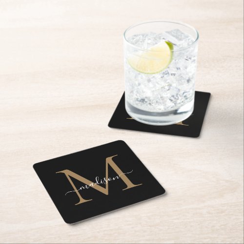 Girly Black Gold Monogram Elegant Modern Script Square Paper Coaster