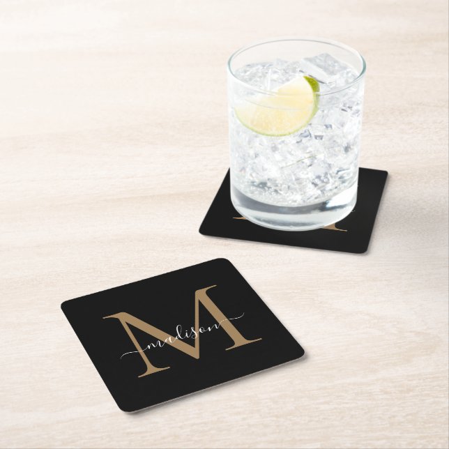 Girly Black Gold Monogram Elegant Modern Script Square Paper Coaster (Insitu)