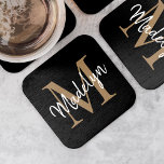 Girly Black Gold Monogram Elegant Modern Script Square Paper Coaster<br><div class="desc">Girly Black Gold Monogram Elegant Modern Script Square Paper Coaster.Easily personalize this modern elegant square paper coaster with your custom monogram and name.</div>