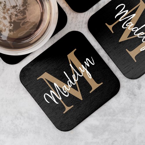 Girly Black Gold Monogram Elegant Modern Script Square Paper Coaster