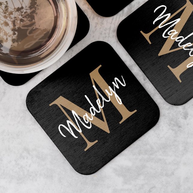 Girly Black Gold Monogram Elegant Modern Script Square Paper Coaster (Creator Uploaded)